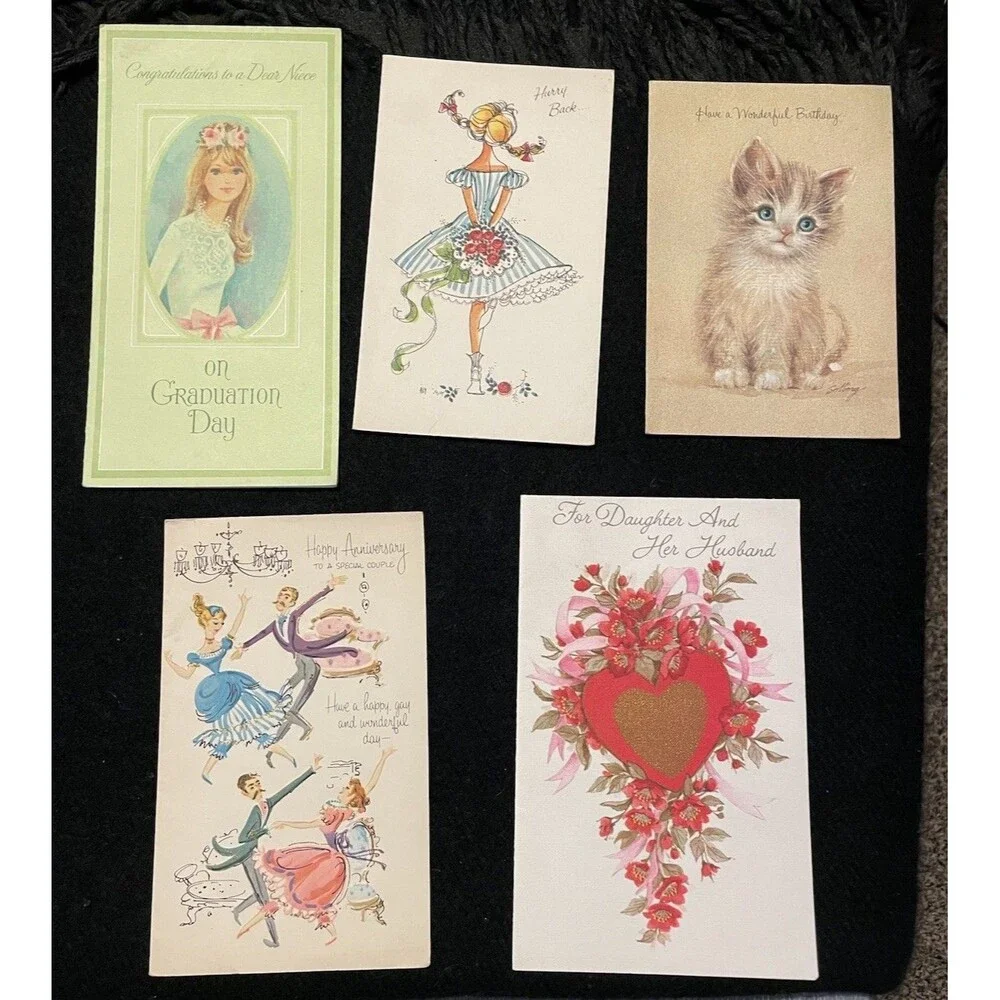 Lot Of Five Vintage Greeting Cards Art Cards Anniversary Birthday Get Well